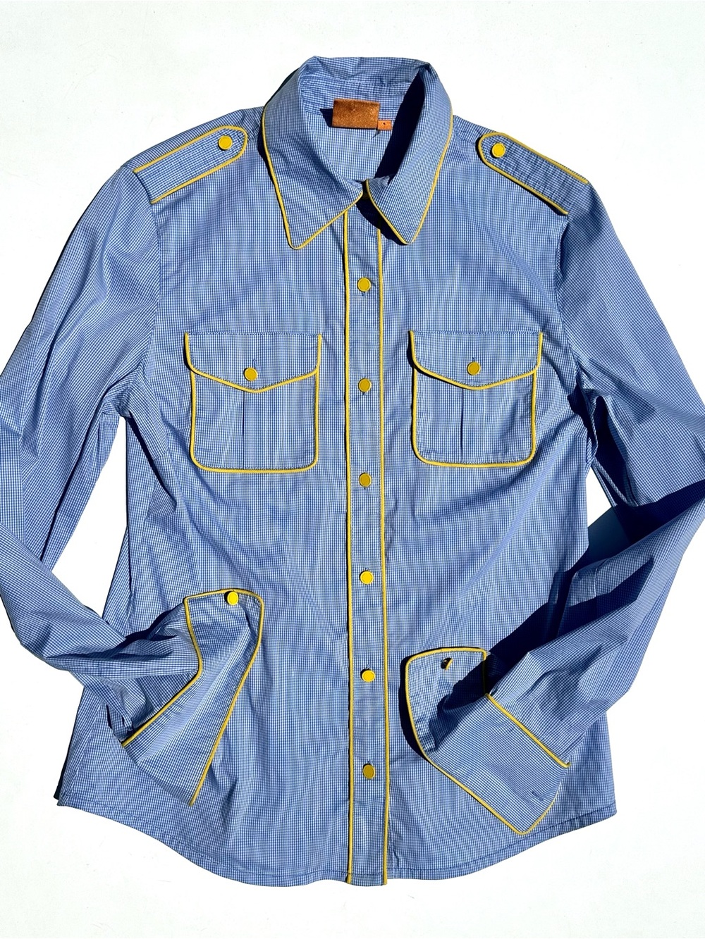 Tory Burch Blue Gingham Stretch Cotton Fitted Shirt Blouse, Silk Yellow Piping 4